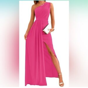 One Shoulder Wrap Ruched High Split Cocktail Wedding Party Maxi Dresses